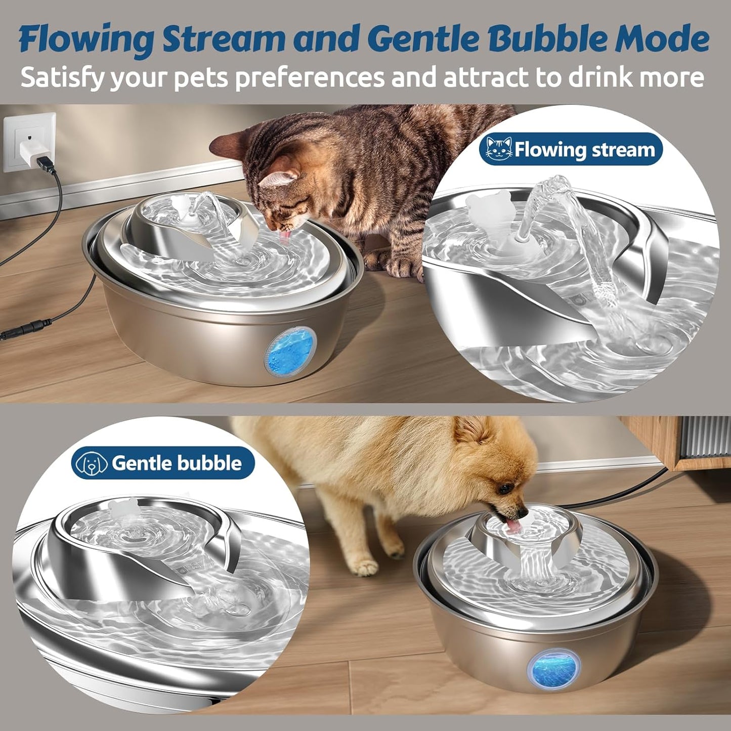ORSDA Cat Water Fountain Stainless Steel, Automatic Pet Water Fountain, 67oz/2L Drinking Fountain Dog Water Dispenser with Water Level Window for Cats and Small Dogs- 3 Filters +1 Pump Sponges (D36)