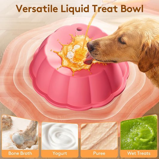Dog Lick Bowl Ball Slow Feeder, Licking Bowl for Liquid Treat with Rolling Spin Sphere Roller Licker, Non-Slip 4/5 Cup Slow Feeder Bowl for Dietary Supplement/Post-op Nutrition (Pink)