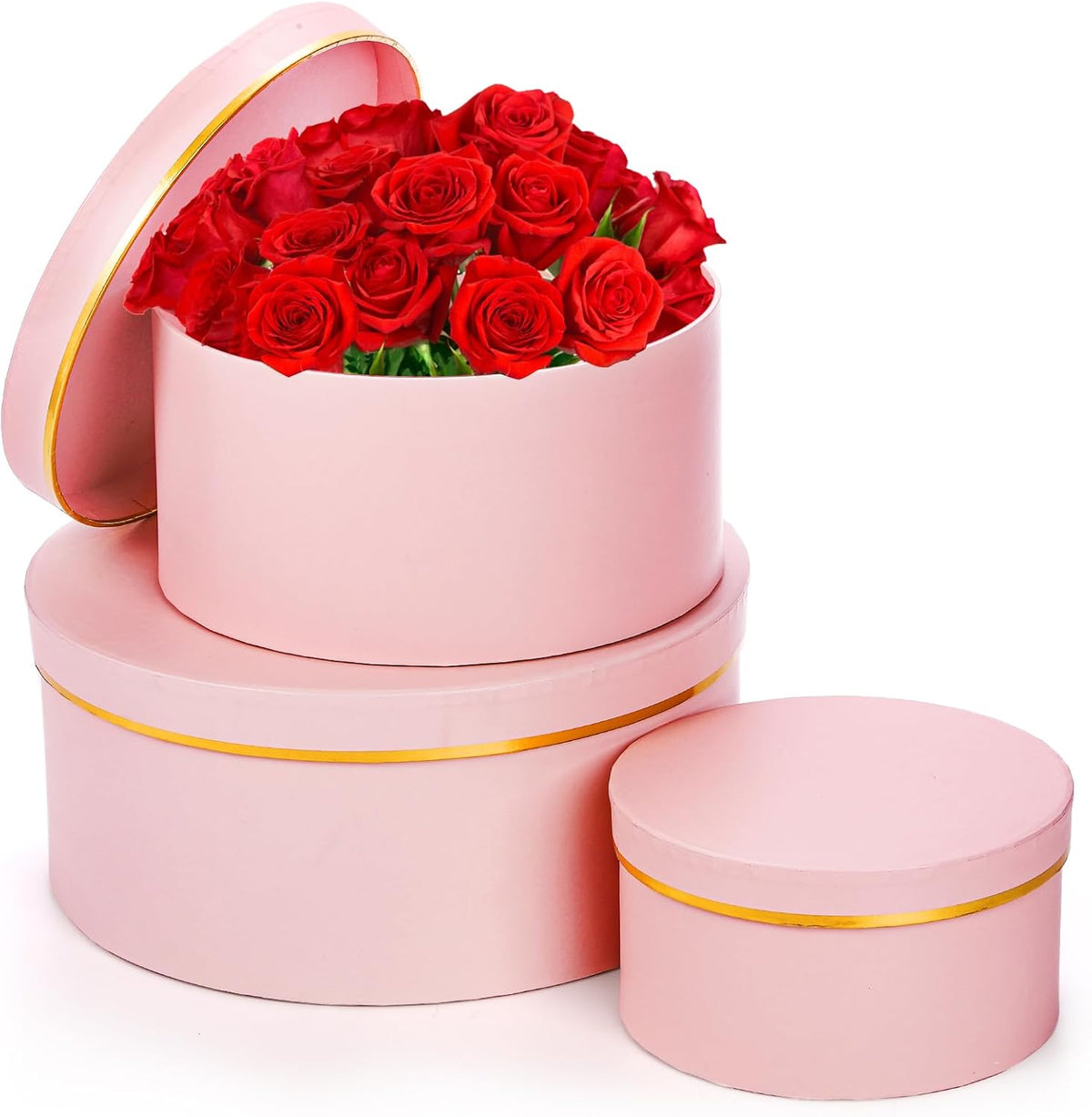 3 Pcs Round Gift Boxes with Lid, Pink Flower Box with Golden Rim Nested Party Favor Boxes for Flower Arrangement, Birthday, Wedding, Christians, Anniversary, Pink, 3 Sizes