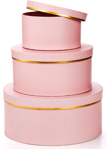 3 Pcs Round Gift Boxes with Lid, Pink Flower Box with Golden Rim Nested Party Favor Boxes for Flower Arrangement, Birthday, Wedding, Christians, Anniversary, Pink, 3 Sizes