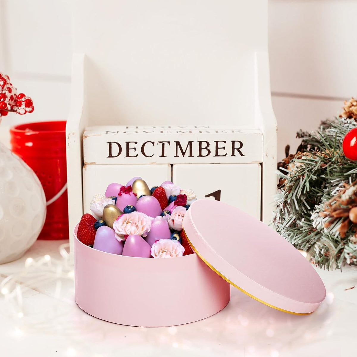 3 Pcs Round Gift Boxes with Lid, Pink Flower Box with Golden Rim Nested Party Favor Boxes for Flower Arrangement, Birthday, Wedding, Christians, Anniversary, Pink, 3 Sizes