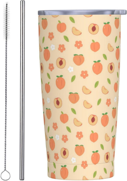 Sweet Peach 20oz Tumbler with Lid and Straw for Women, Summer Peach with Floral Insulated Tumblers Watercolor Cute Peachs Stainless Steel Tumbler Double Wall Vacuum Travel Mug Coffee Cup