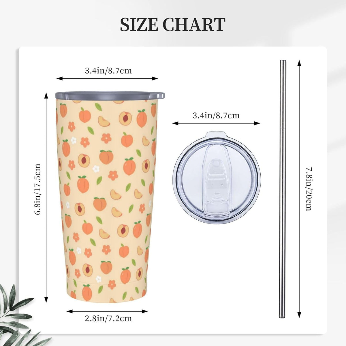 Sweet Peach 20oz Tumbler with Lid and Straw for Women, Summer Peach with Floral Insulated Tumblers Watercolor Cute Peachs Stainless Steel Tumbler Double Wall Vacuum Travel Mug Coffee Cup