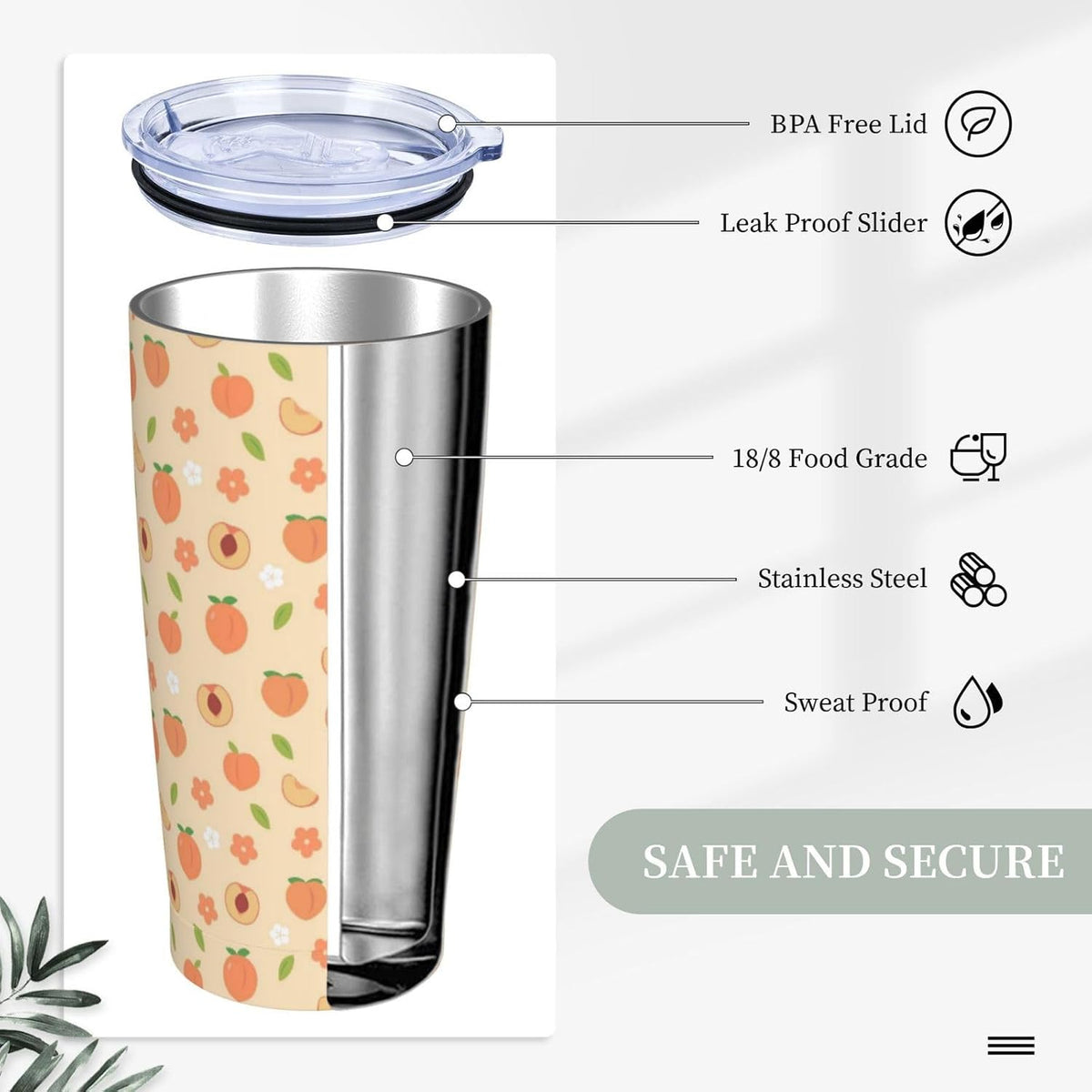 Sweet Peach 20oz Tumbler with Lid and Straw for Women, Summer Peach with Floral Insulated Tumblers Watercolor Cute Peachs Stainless Steel Tumbler Double Wall Vacuum Travel Mug Coffee Cup