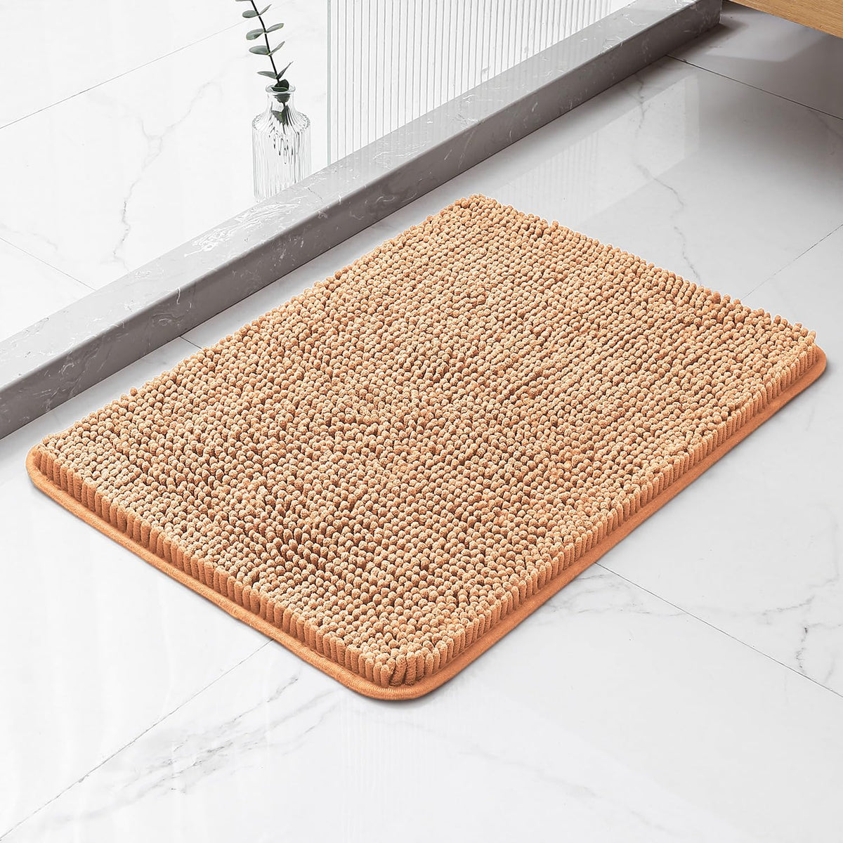 Chenille Bathroom Rug 17"x24" Peach, Non-Slip Plush Bath Mat