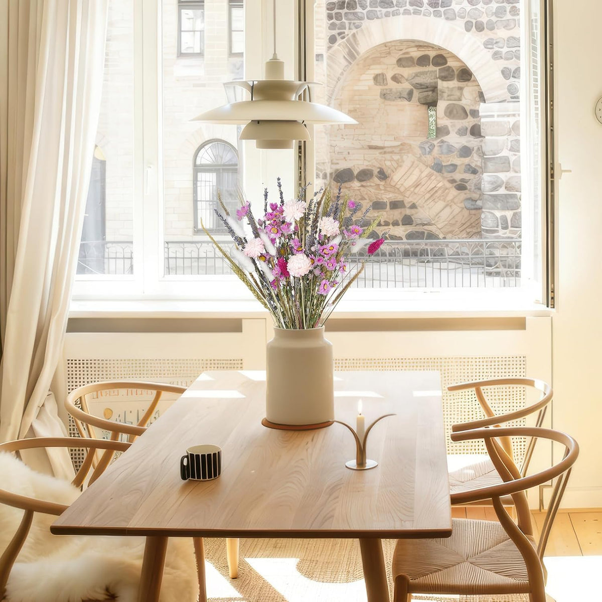 Dried Flowers Bouquet Dried Daisy Flower Natural Lavender Dry Flower Bunny Tails Pink Gerber Daisies Flowers Wheat Stalks Floral Stems Arrangements for Vase Table Centerpiece Decor Farmhouse