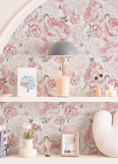Pink Floral Wallpaper Peel and Stick Removable Self Adhesive Wall Paper for Bedroom Bathroom Flowers Contact Paper for Cabinets Walls Vinyl Rolls 78.7''x 17.3"