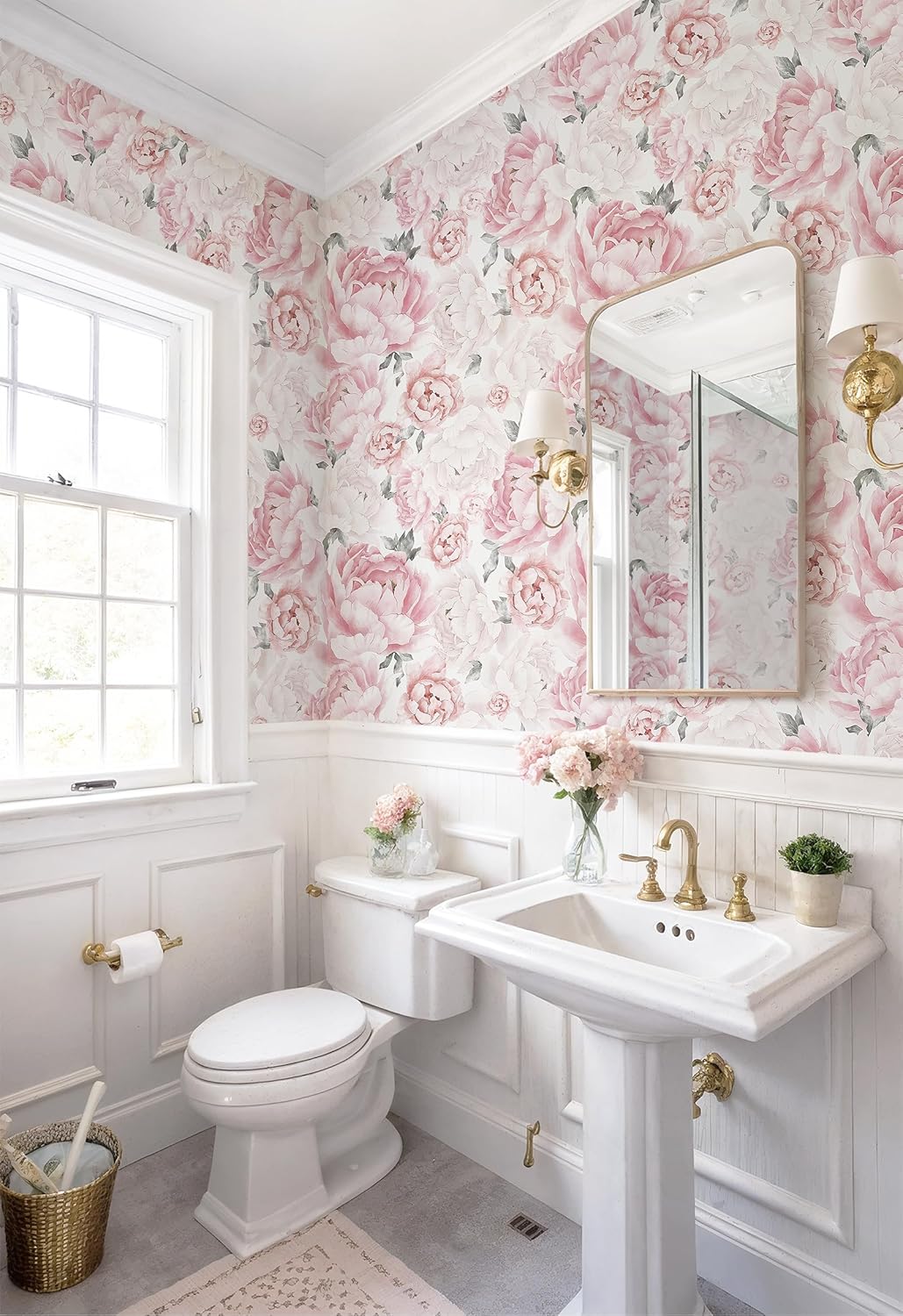 Pink Floral Wallpaper Peel and Stick Removable Self Adhesive Wall Paper for Bedroom Bathroom Flowers Contact Paper for Cabinets Walls Vinyl Rolls 78.7''x 17.3"