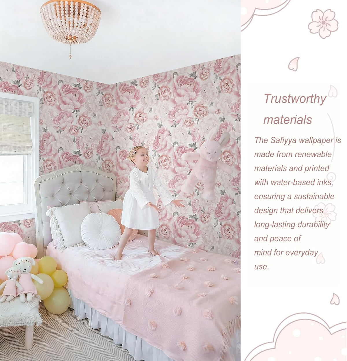 Pink Floral Wallpaper Peel and Stick Removable Self Adhesive Wall Paper for Bedroom Bathroom Flowers Contact Paper for Cabinets Walls Vinyl Rolls 78.7''x 17.3"