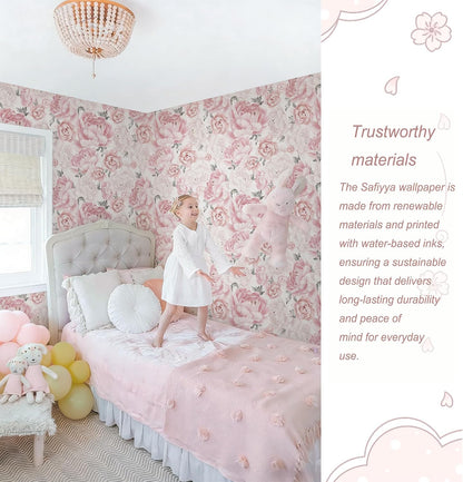 Pink Floral Wallpaper Peel and Stick Removable Self Adhesive Wall Paper for Bedroom Bathroom Flowers Contact Paper for Cabinets Walls Vinyl Rolls 78.7''x 17.3"