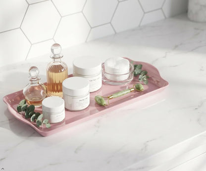 Calypso Basics 2pc Melamine Tray Set, Rectangular Serving/Ottoman Tray with Handles and Matching Small Tidbit Tray, Food Safe/BPA Free, Pink