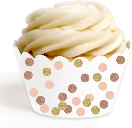 Birthday Party Cupcake Wrappers Decorations, Faux Rose Gold Glitter, Peach, Faux Gold Glitter, 24-Pack, Bulk Decor Supplies, Girl's 1st Birthday Baptism Communion Theme Colored Supplies