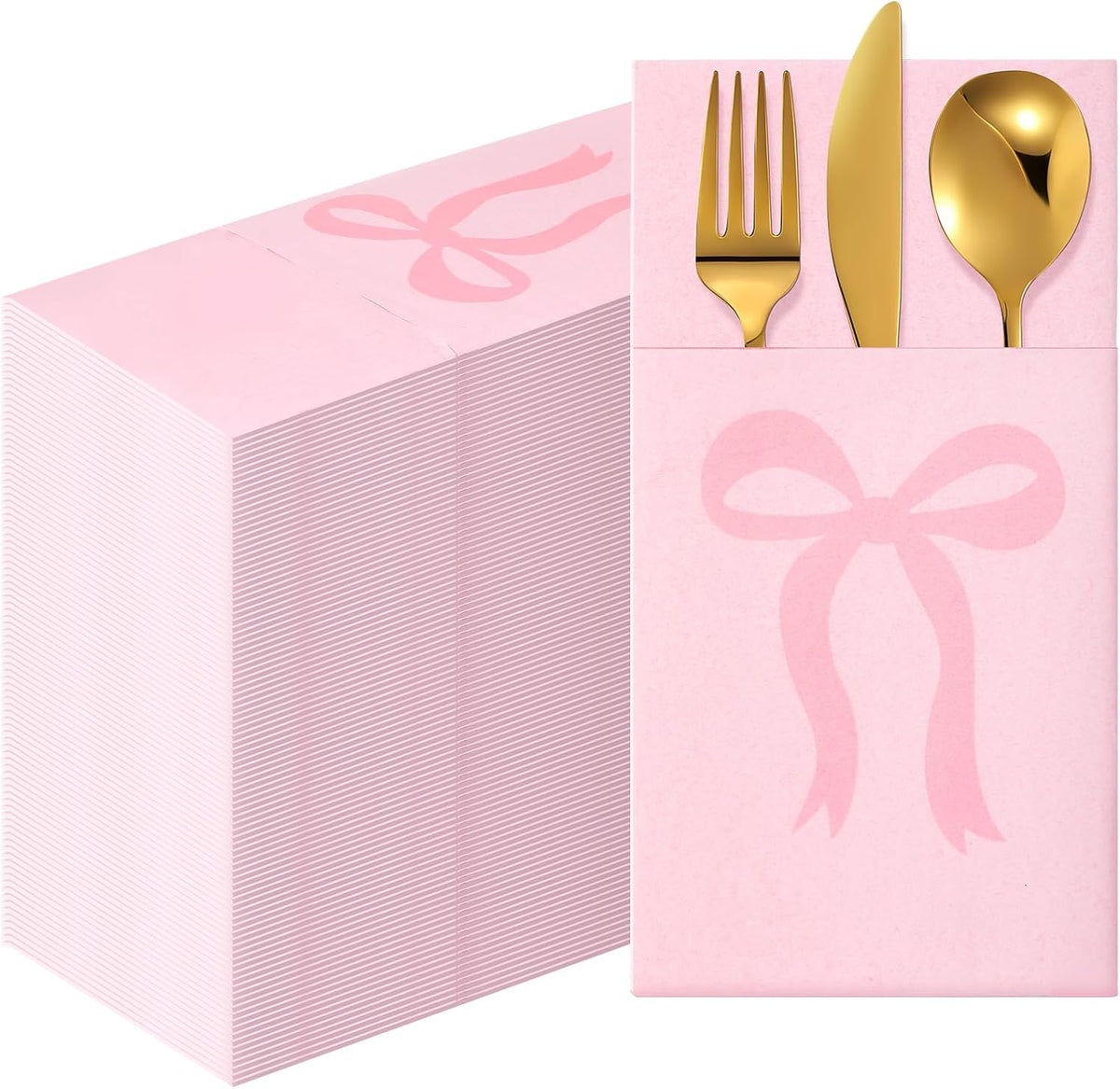 60 Pcs Pink Bow Napkins Disposable Linen with Flatware Pocket