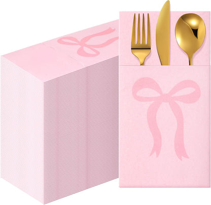 60 Pcs Pink Bow Napkins Disposable Linen with Flatware Pocket