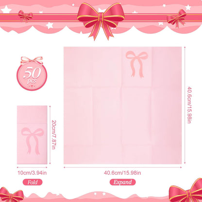 60 Pcs Pink Bow Napkins Disposable Linen with Flatware Pocket
