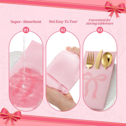 60 Pcs Pink Bow Napkins Disposable Linen with Flatware Pocket