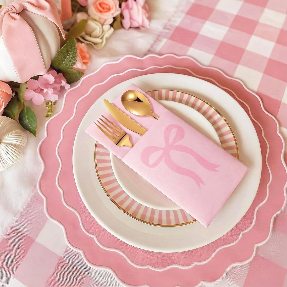 60 Pcs Pink Bow Napkins Disposable Linen with Flatware Pocket