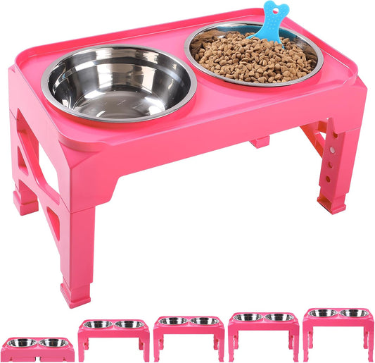 Elevated Dog Bowls with 2 Stainless Steel Dog Food and Water Bowls+Pet Food Scoop Raised Bowl Adjusts to 5 Heights (3.15",8.66",9.84",11.02", 12.2") for Small Medium and Large Dogs Cats (Pink)