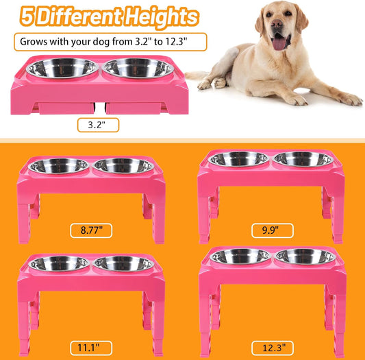 Elevated Dog Bowls with 2 Stainless Steel Dog Food and Water Bowls+Pet Food Scoop Raised Bowl Adjusts to 5 Heights (3.15",8.66",9.84",11.02", 12.2") for Small Medium and Large Dogs Cats (Pink)