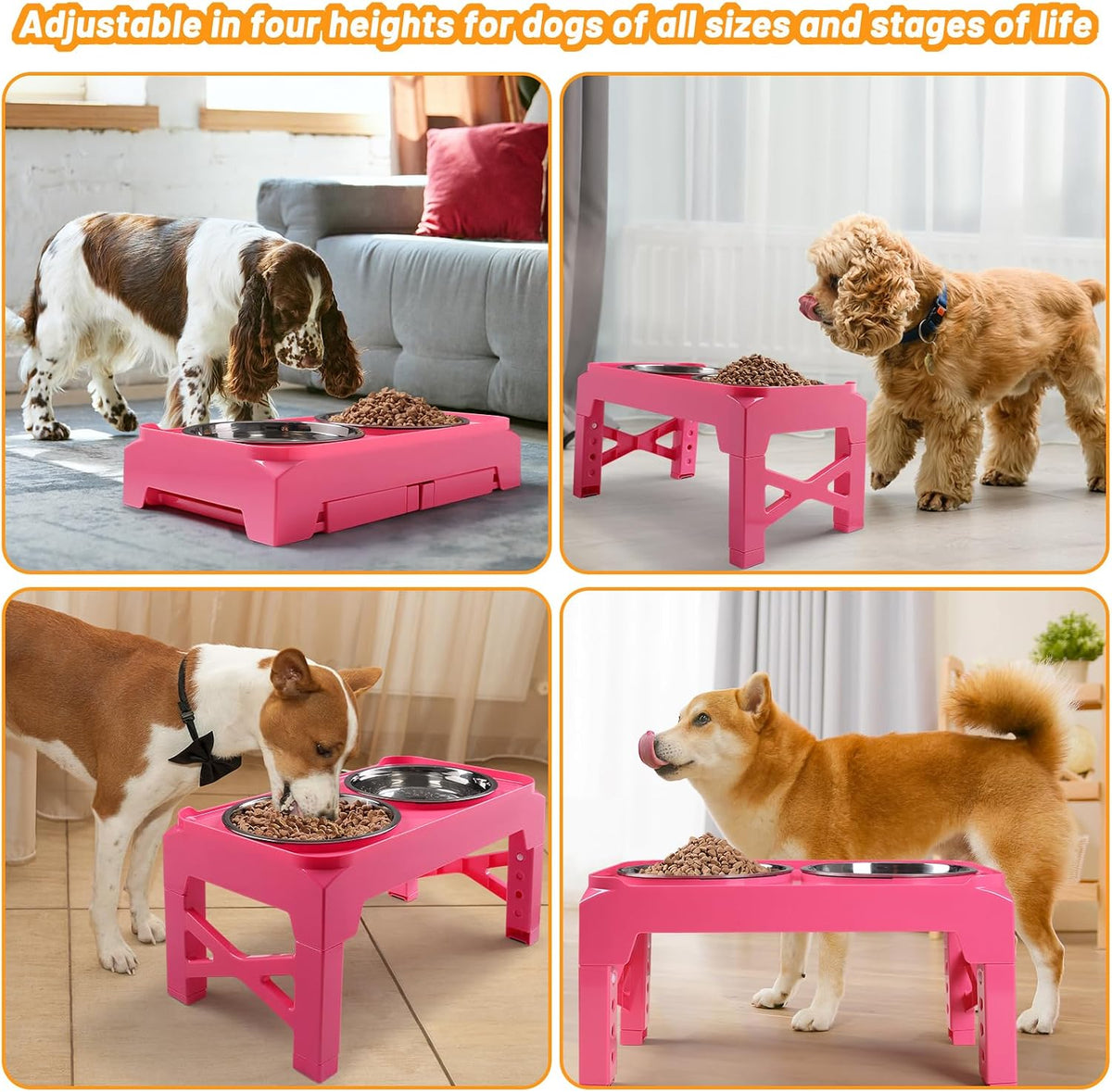 Elevated Dog Bowls with 2 Stainless Steel Dog Food and Water Bowls+Pet Food Scoop Raised Bowl Adjusts to 5 Heights (3.15",8.66",9.84",11.02", 12.2") for Small Medium and Large Dogs Cats (Pink)
