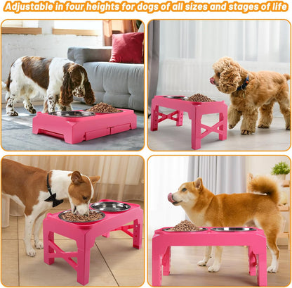 Elevated Dog Bowls with 2 Stainless Steel Dog Food and Water Bowls+Pet Food Scoop Raised Bowl Adjusts to 5 Heights (3.15",8.66",9.84",11.02", 12.2") for Small Medium and Large Dogs Cats (Pink)