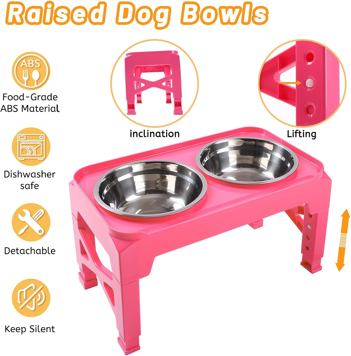 Elevated Dog Bowls with 2 Stainless Steel Dog Food and Water Bowls+Pet Food Scoop Raised Bowl Adjusts to 5 Heights (3.15",8.66",9.84",11.02", 12.2") for Small Medium and Large Dogs Cats (Pink)