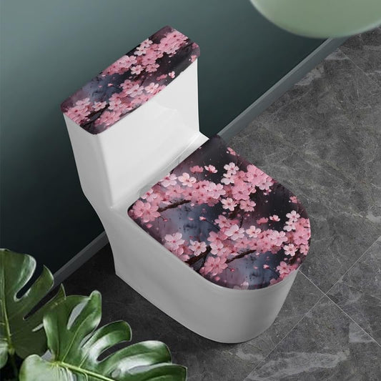 Pink Cherry Blossoms Toilet Lid Seat Cover Chinese Peach Blossom Bathroom Toilet Lid Seat Cover Set Oil Painting Flowers with Elastic Bottom, Dustproof Machine Washable