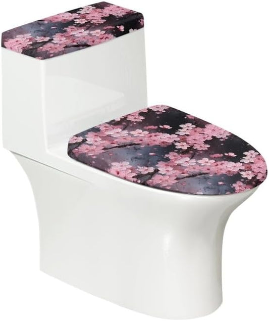 Pink Cherry Blossoms Toilet Lid Seat Cover Chinese Peach Blossom Bathroom Toilet Lid Seat Cover Set Oil Painting Flowers with Elastic Bottom, Dustproof Machine Washable