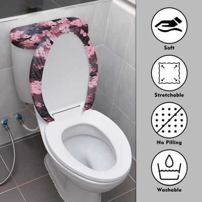 Pink Cherry Blossoms Toilet Lid Seat Cover Chinese Peach Blossom Bathroom Toilet Lid Seat Cover Set Oil Painting Flowers with Elastic Bottom, Dustproof Machine Washable