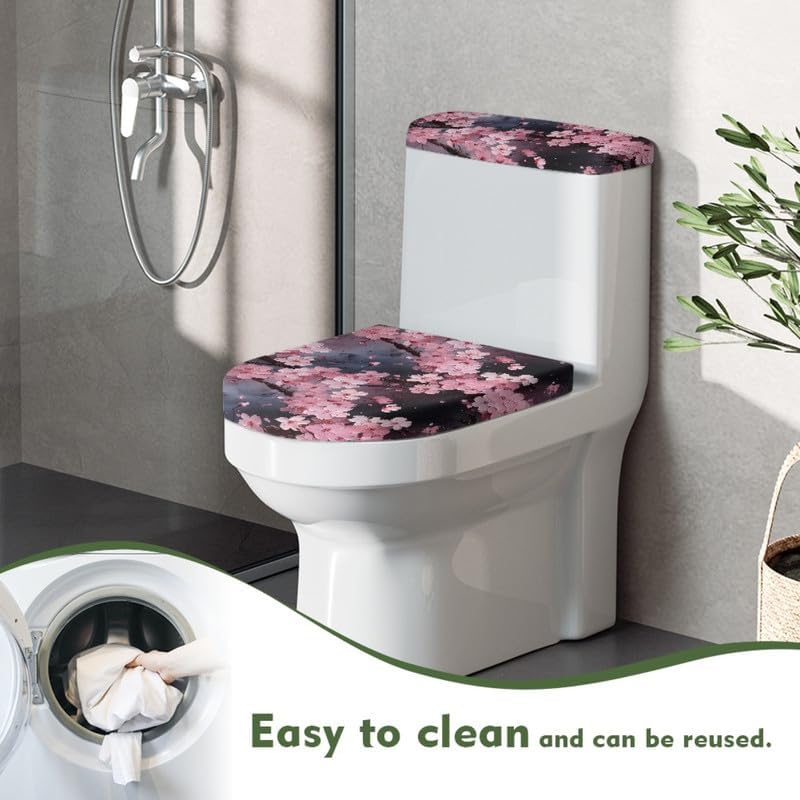 Pink Cherry Blossoms Toilet Lid Seat Cover Chinese Peach Blossom Bathroom Toilet Lid Seat Cover Set Oil Painting Flowers with Elastic Bottom, Dustproof Machine Washable