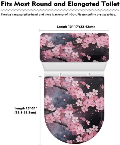 Pink Cherry Blossoms Toilet Lid Seat Cover Chinese Peach Blossom Bathroom Toilet Lid Seat Cover Set Oil Painting Flowers with Elastic Bottom, Dustproof Machine Washable