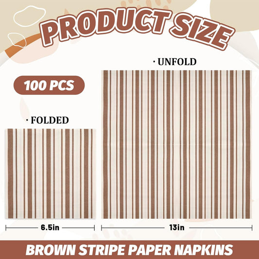 JarThenaAMCS 100Pcs Brown Stripe Paper Napkin Disposable Luncheon Napkins Dinner Hand Napkins for Birthday Baby Shower Wedding Party Supplies Table Decor