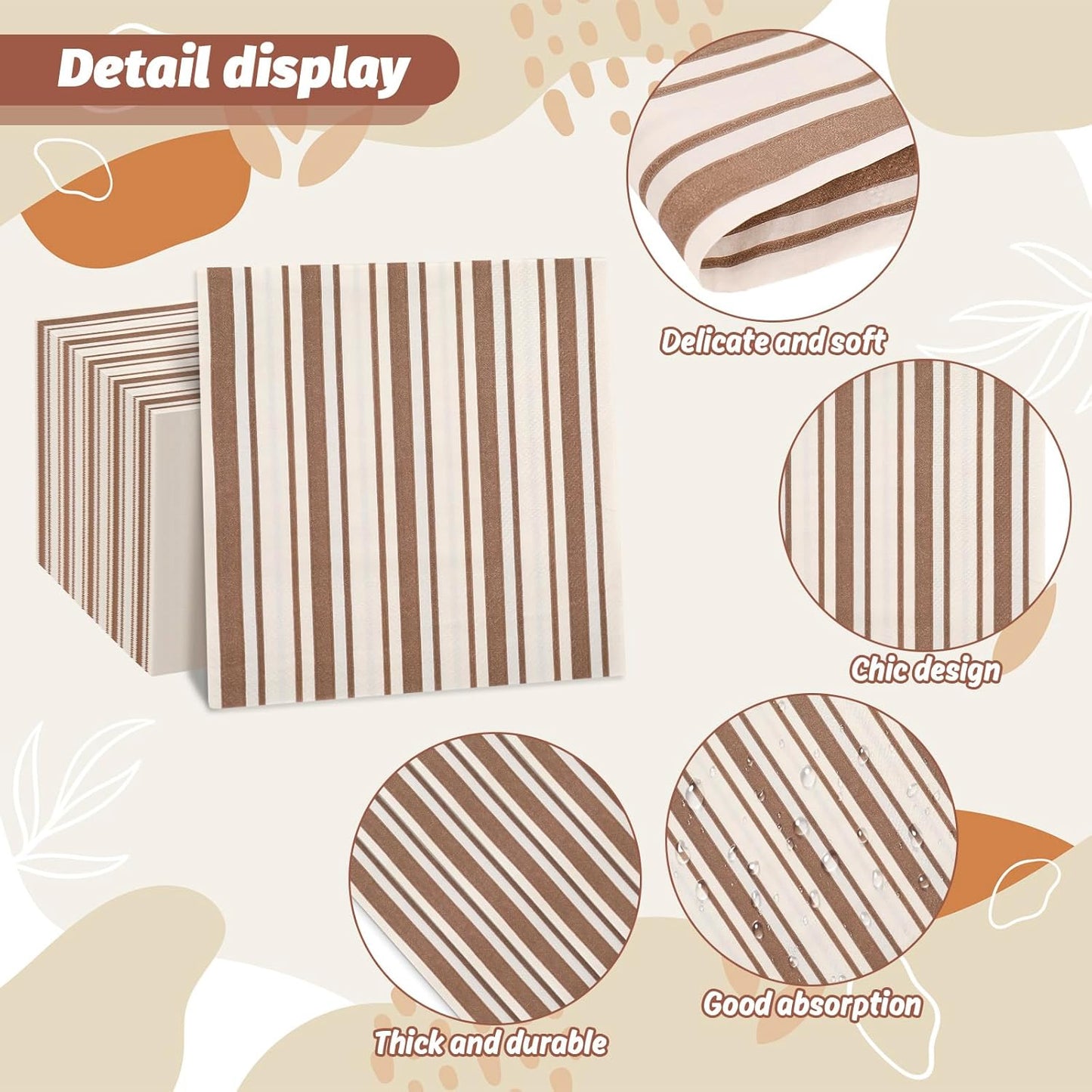 JarThenaAMCS 100Pcs Brown Stripe Paper Napkin Disposable Luncheon Napkins Dinner Hand Napkins for Birthday Baby Shower Wedding Party Supplies Table Decor
