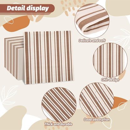 JarThenaAMCS 100Pcs Brown Stripe Paper Napkin Disposable Luncheon Napkins Dinner Hand Napkins for Birthday Baby Shower Wedding Party Supplies Table Decor