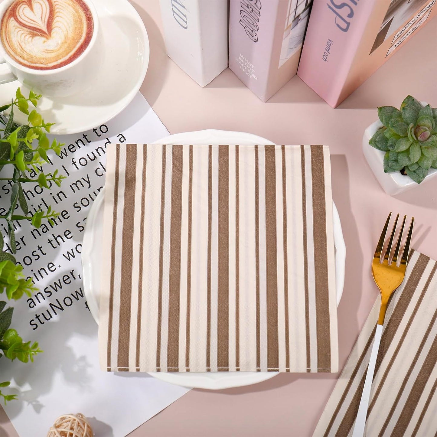 JarThenaAMCS 100Pcs Brown Stripe Paper Napkin Disposable Luncheon Napkins Dinner Hand Napkins for Birthday Baby Shower Wedding Party Supplies Table Decor