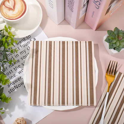JarThenaAMCS 100Pcs Brown Stripe Paper Napkin Disposable Luncheon Napkins Dinner Hand Napkins for Birthday Baby Shower Wedding Party Supplies Table Decor