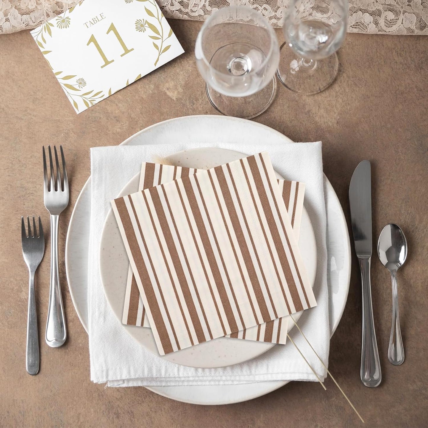 JarThenaAMCS 100Pcs Brown Stripe Paper Napkin Disposable Luncheon Napkins Dinner Hand Napkins for Birthday Baby Shower Wedding Party Supplies Table Decor