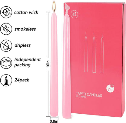 24 Pack Pink Taper Candles, 7-8 Hours Burn Time, Unscented, Smokeless and Dripless, 0.75 x 10 Inch Dinner Candle Set for Valentine's Day,Household, Wedding, Party and Home Décor Candlesticks