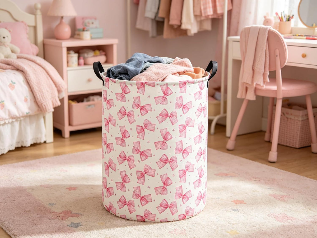 Baby Laundry Hamper kids laundry Basket Waterproof Storage Bin for Bedroom Clothes Organizer Basket Woodland Animals Room Décor(Pink Bowknot)