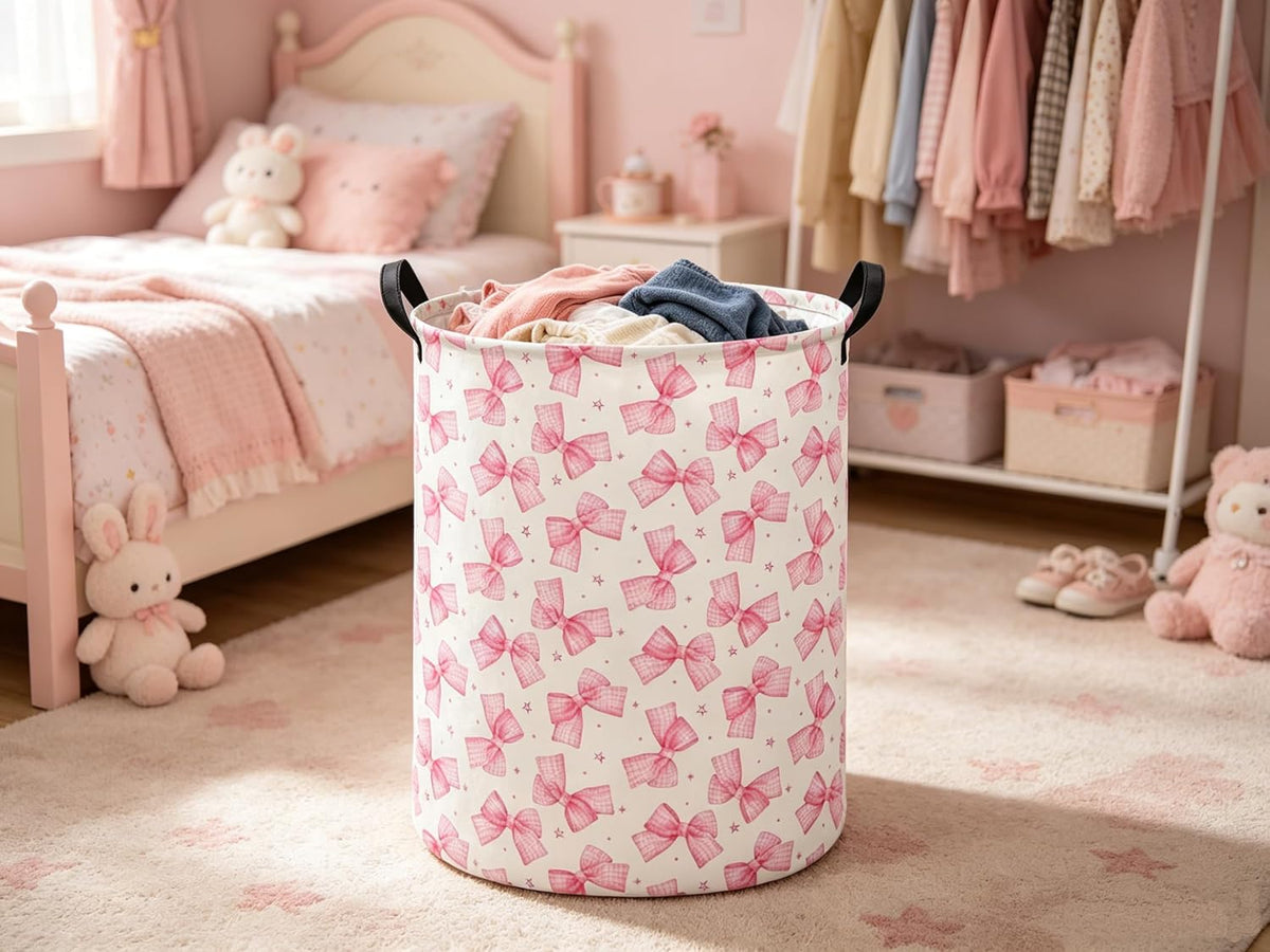 Baby Laundry Hamper kids laundry Basket Waterproof Storage Bin for Bedroom Clothes Organizer Basket Woodland Animals Room Décor(Pink Bowknot)