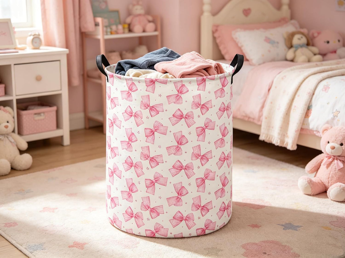 Baby Laundry Hamper kids laundry Basket Waterproof Storage Bin for Bedroom Clothes Organizer Basket Woodland Animals Room Décor(Pink Bowknot)