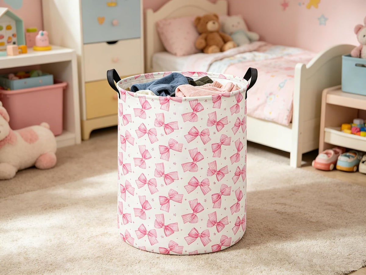 Baby Laundry Hamper kids laundry Basket Waterproof Storage Bin for Bedroom Clothes Organizer Basket Woodland Animals Room Décor(Pink Bowknot)