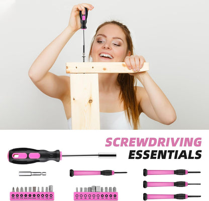 40-Piece Home Tool Kit with Easy Carrying Box, Small Basic Hand Tool Set Perfect for DIY Building, Home Maintenance and Woodworking, Great for College Students - PINK