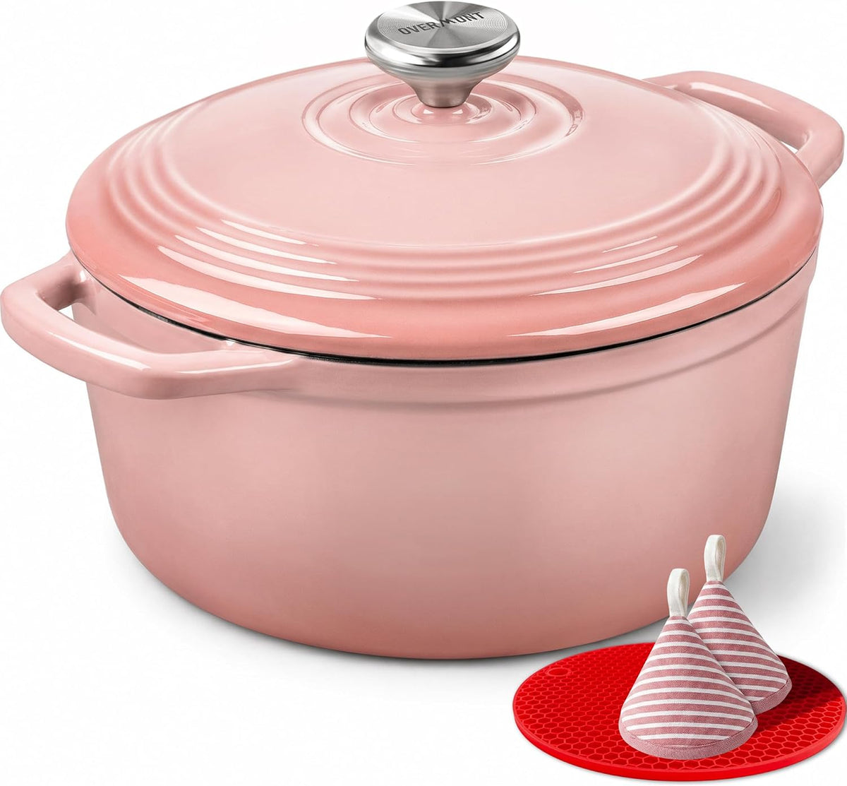 Enameled Cast Iron Dutch Oven - 5.5QT Pot with Lid Cookbook, Pink