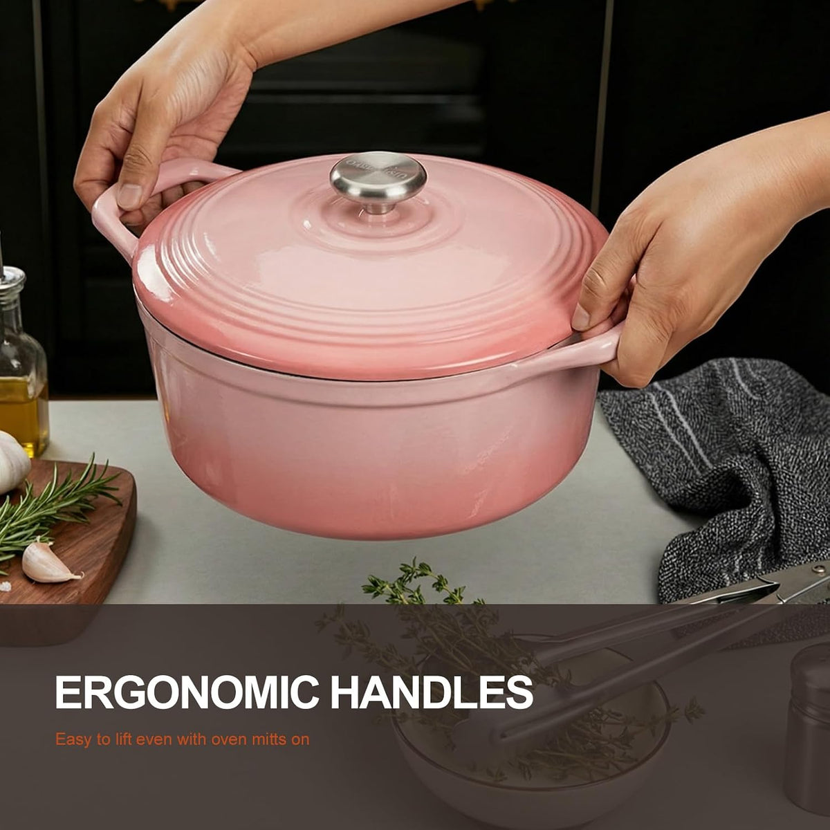 Enameled Cast Iron Dutch Oven - 5.5QT Pot with Lid Cookbook, Pink