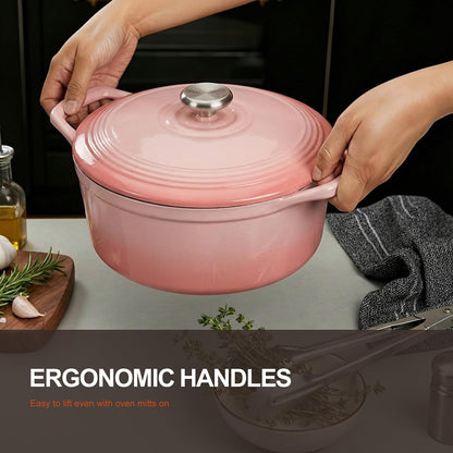 Enameled Cast Iron Dutch Oven - 5.5QT Pot with Lid Cookbook, Pink
