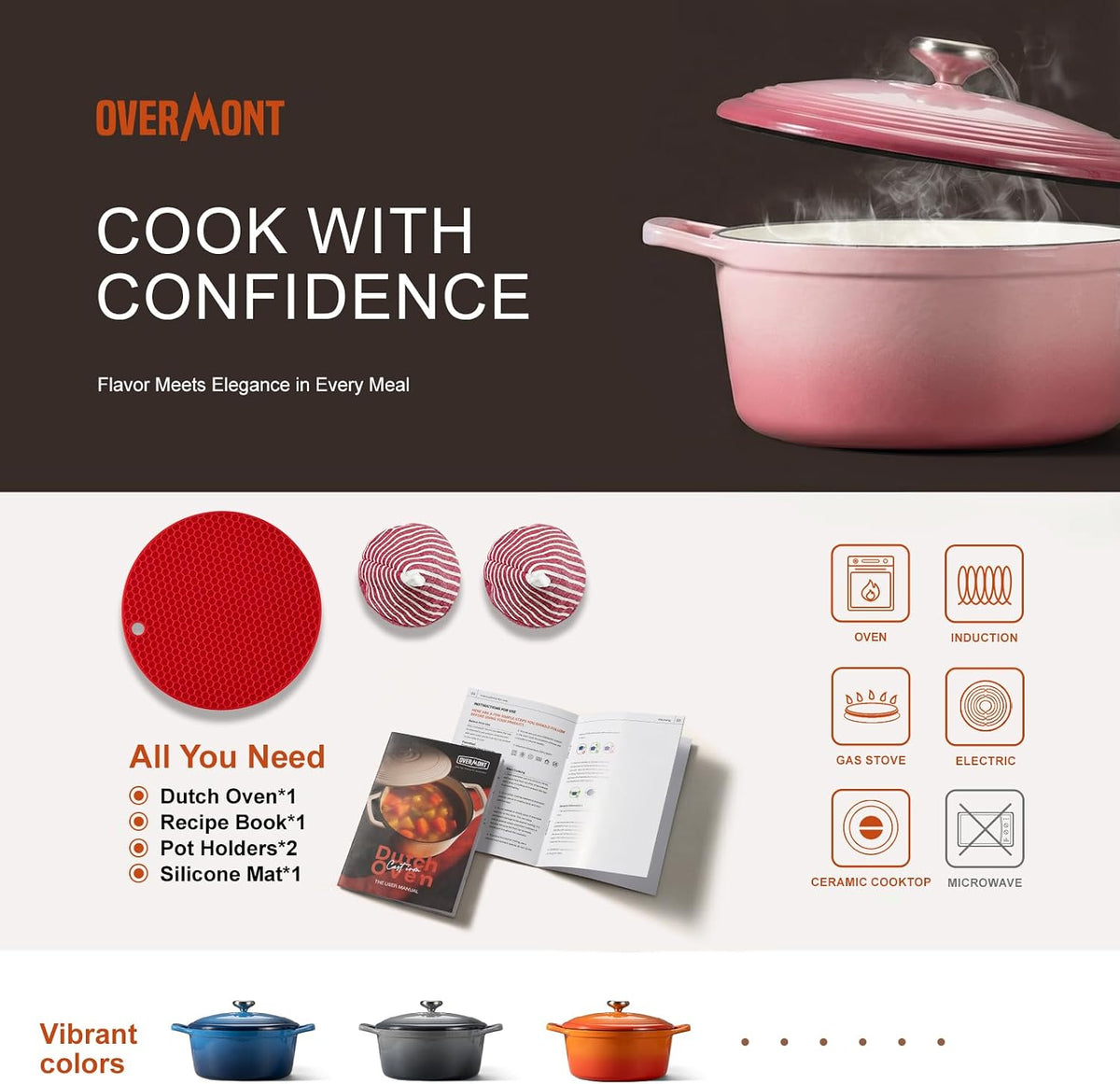 Enameled Cast Iron Dutch Oven - 5.5QT Pot with Lid Cookbook, Pink
