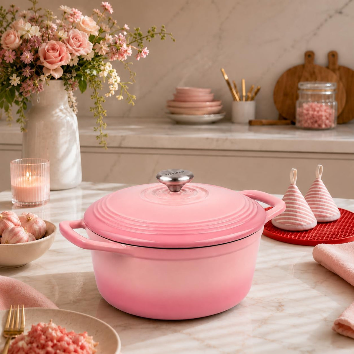 Enameled Cast Iron Dutch Oven - 5.5QT Pot with Lid Cookbook, Pink