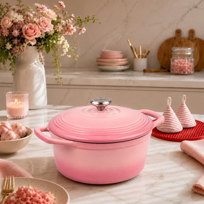 Enameled Cast Iron Dutch Oven - 5.5QT Pot with Lid Cookbook, Pink
