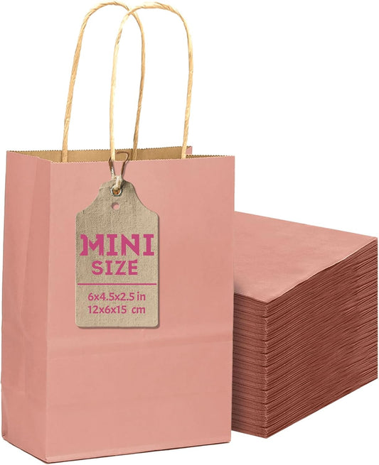 24 Pcs Bright Pink Mini Paper Gift Bags with Handles 6"x4.5"x2.5" Small Brown Kraft Party Favor Bags Treat Bags Multiple Uses (Mini size)